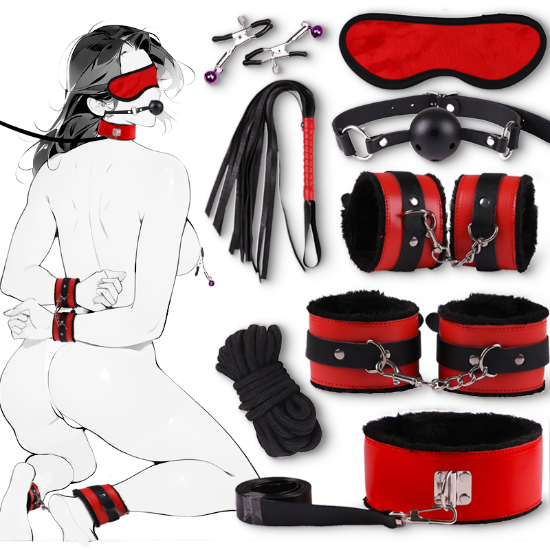 Fun Leather Fur 8-Piece Adult Bondage Restriction Black & Red 8-Piece Set