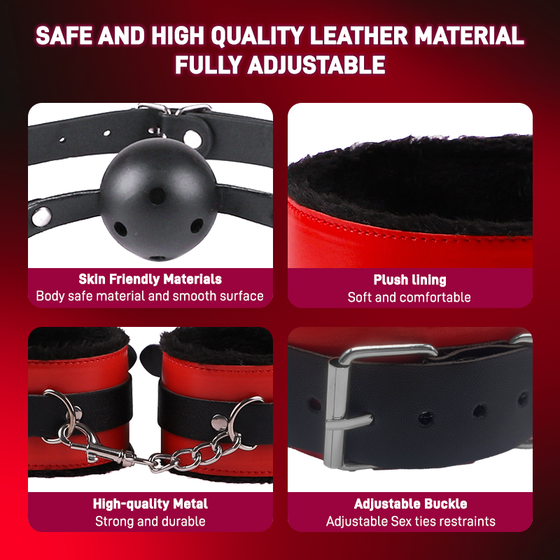Fun Leather Fur 8-Piece Adult Bondage Restriction Black & Red 8-Piece Set