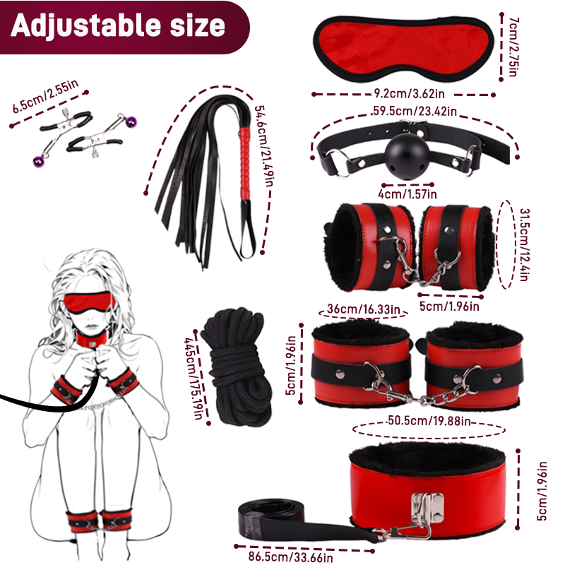 Fun Leather Fur 8-Piece Adult Bondage Restriction Black & Red 8-Piece Set