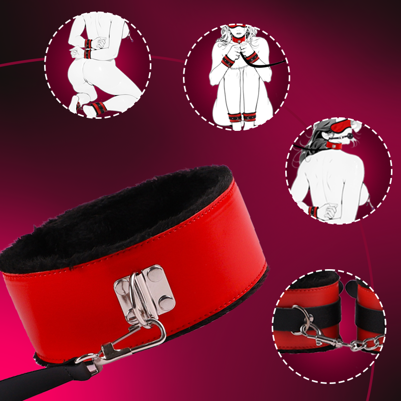 Fun Leather Fur 8-Piece Adult Bondage Restriction Black & Red 8-Piece Set