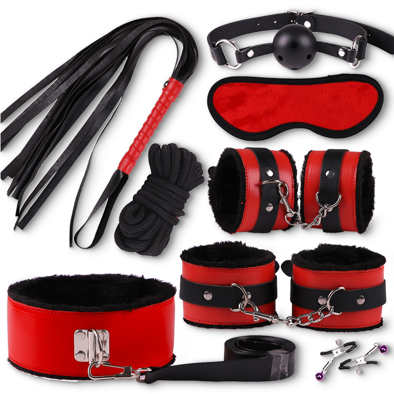 Fun Leather Fur 8-Piece Adult Bondage Restriction Black & Red 8-Piece Set